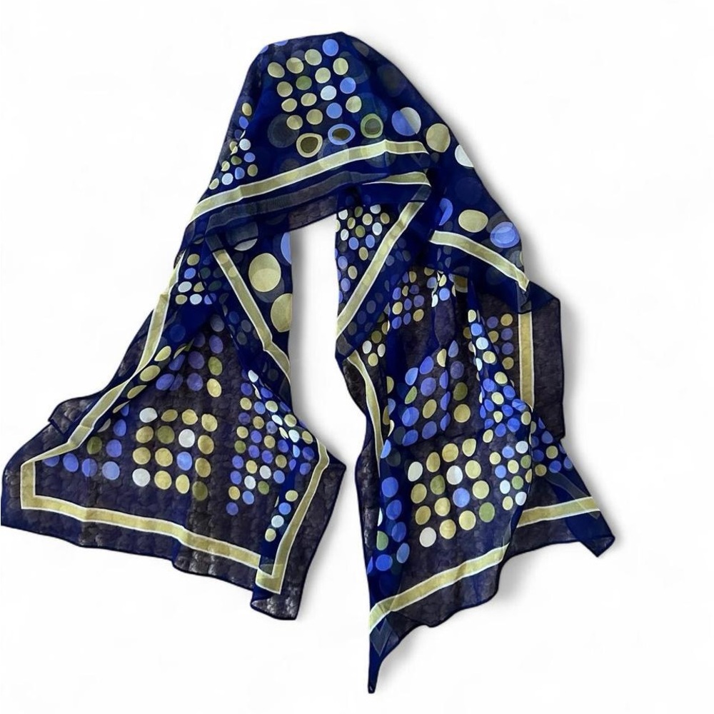 Vintage Mod Polka Dot Sheer Silk-Look Scarf Nav & Olive Retro Geometric Print